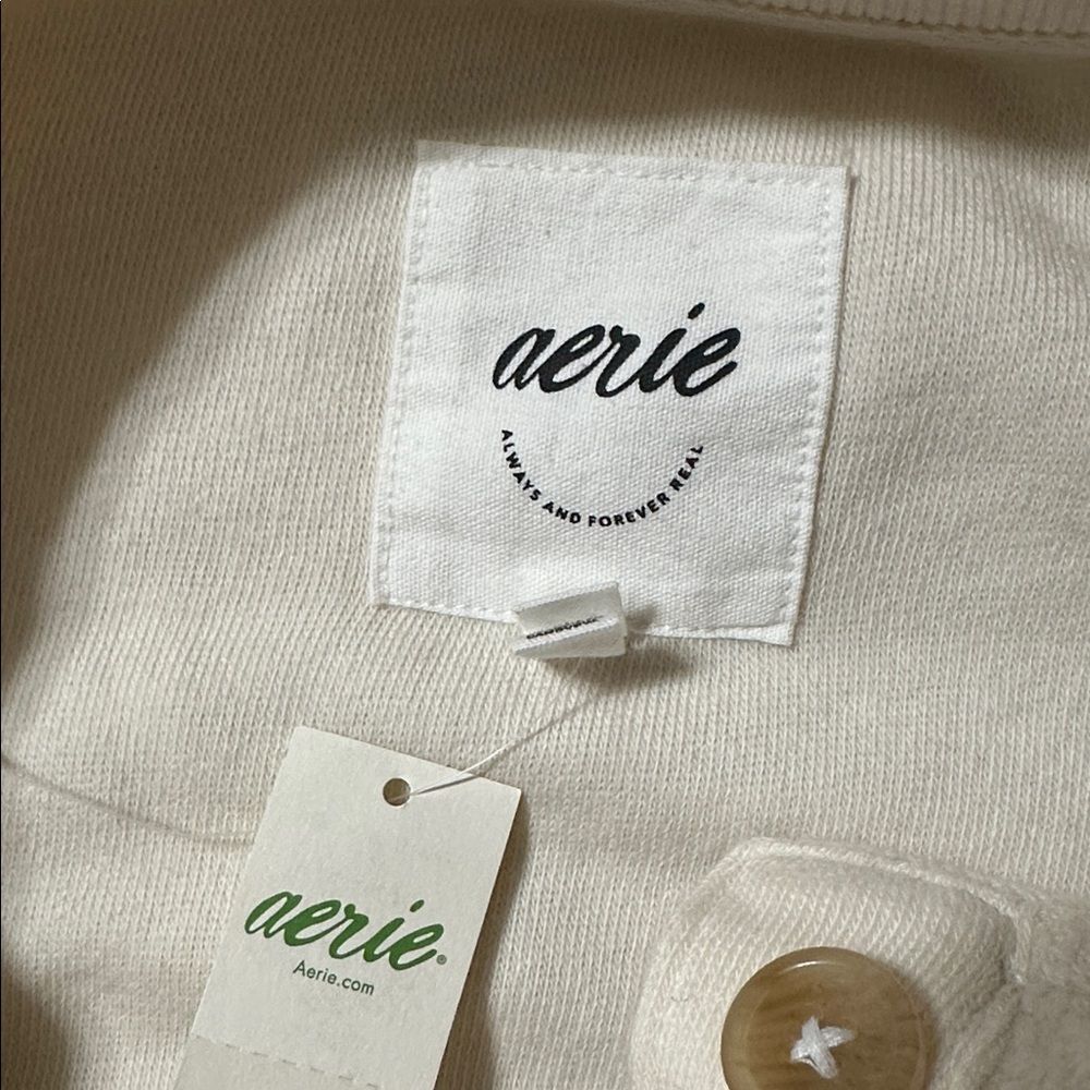 aerie Neutral Ivory Quarter Button Cotton Sherpa Henley Sweatshirt - Picture 17 of 17